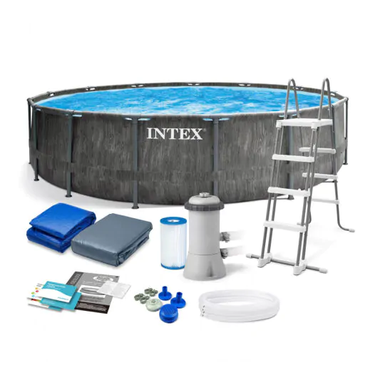 Каркасный бассейн Intex 26742 457х122см 16805л Grey Wood Prism Frame Premium с лестницей, фильтром, тентом